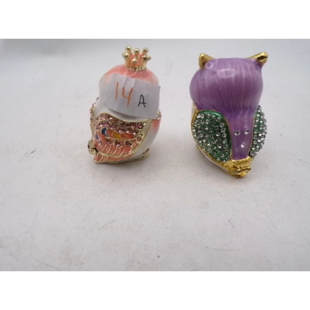 Set of 2 Owl‎ Trinket Boxes Enamel Rhinestone Bejeweled Hinged Jewelry Keepsake